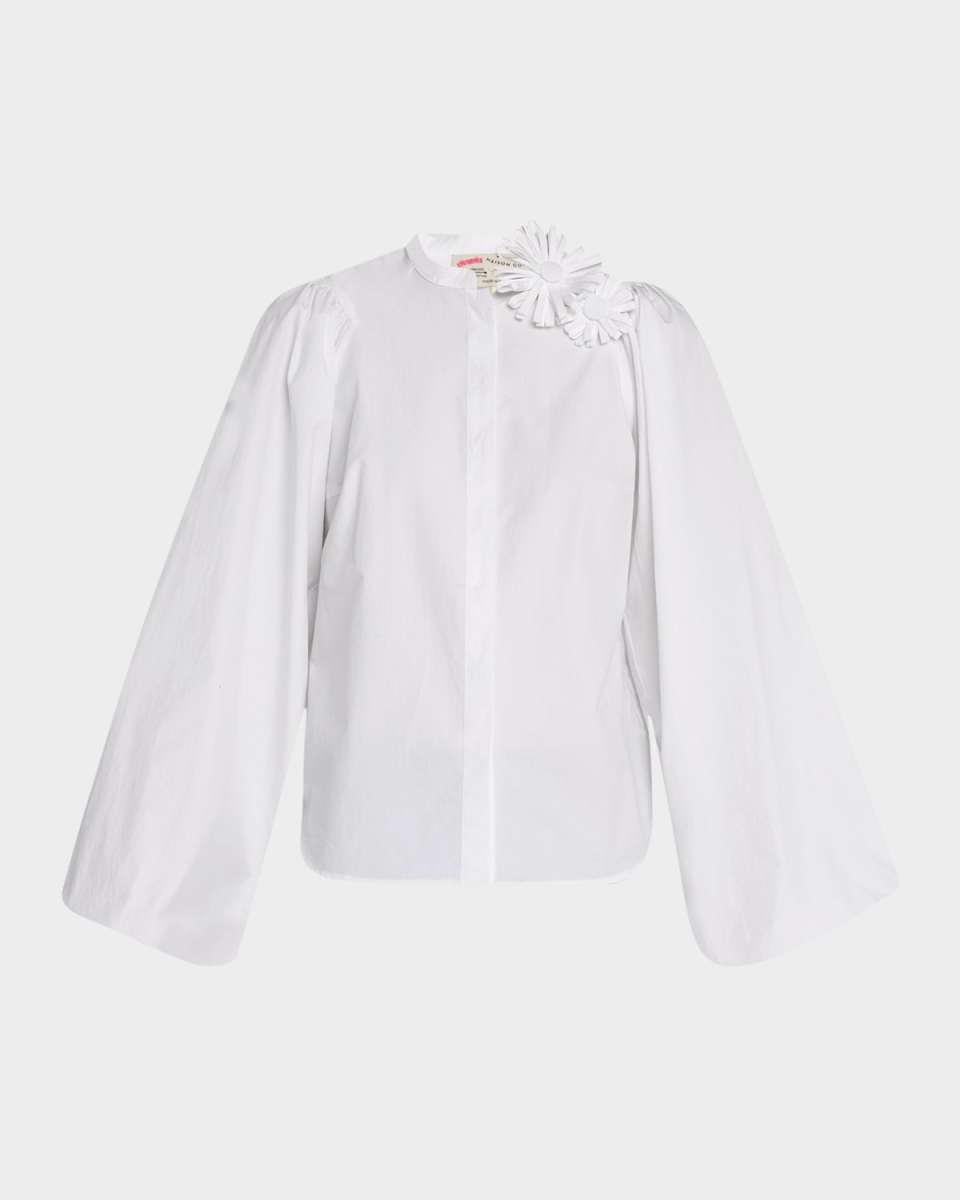 Flower Pin Balloon-Sleeve Cotton Blouse